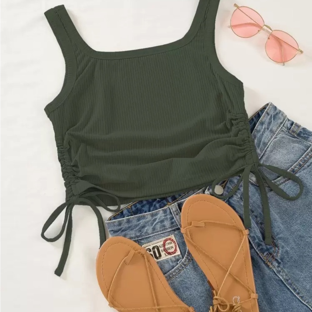 SHEIN Olive Green Ruched Cropped Tank Top